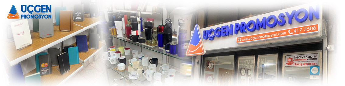 Ankara Üçgen Promosyon mağaza önü, ürün rafları, ajandalar ve promosyon kupaların sergilendiği showroom
