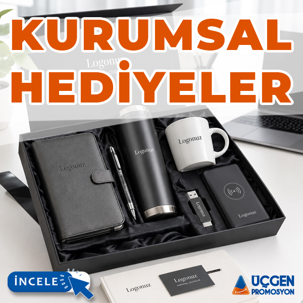 Logo baskılı kurumsal hediyeler, ajanda, termos, kupa, USB bellek ve powerbank içeren VIP promosyon hediye setleri.